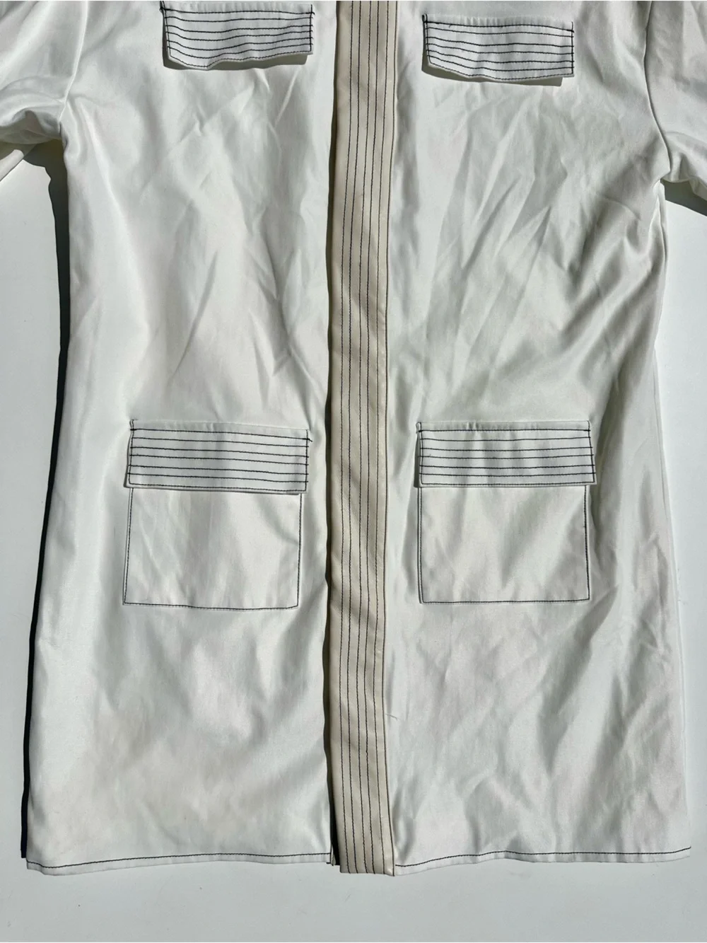 NWT Maniere De Voir White Long Coated Field Jacket Faux Leather Black Stitching